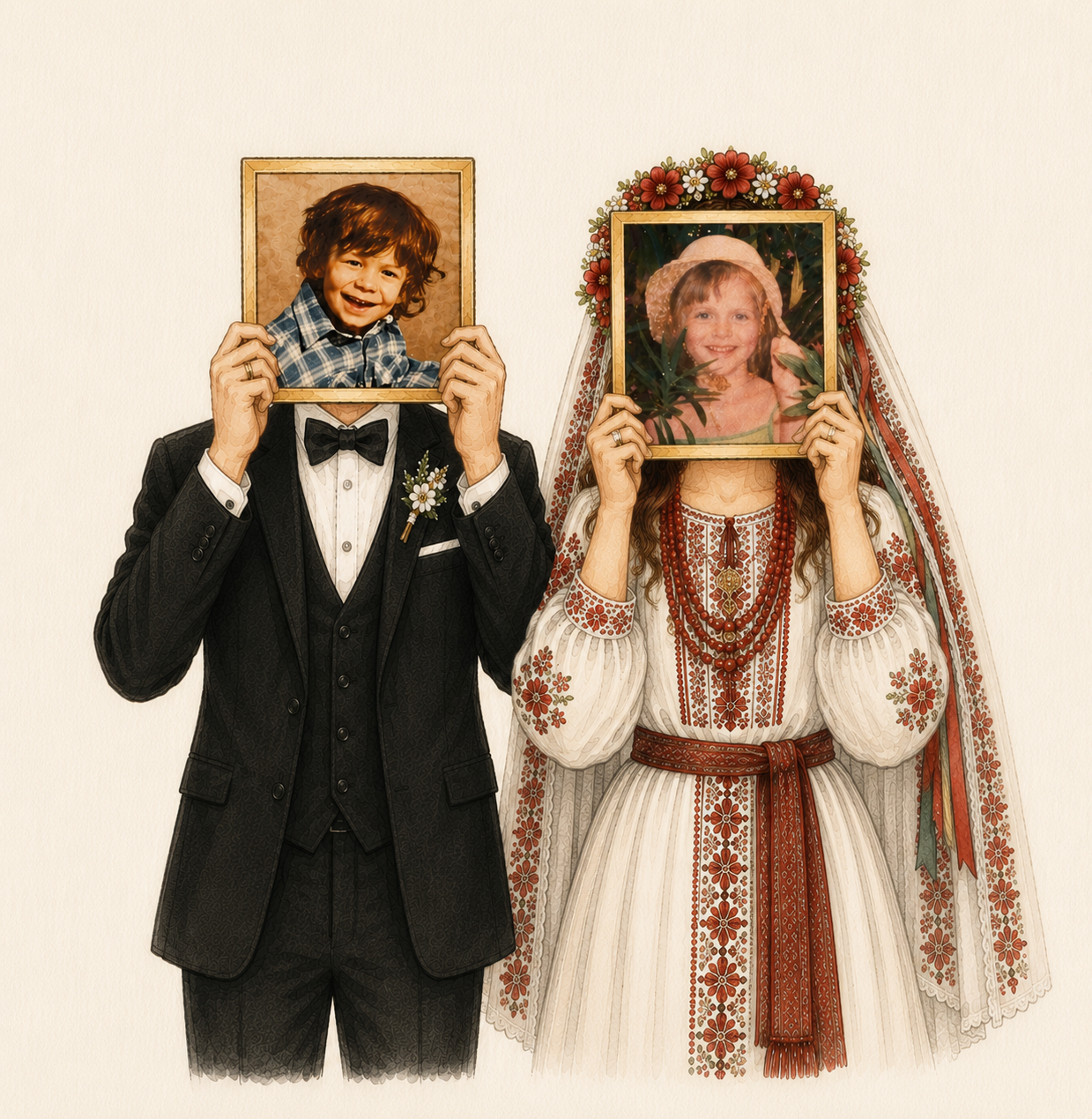 Antonina and Filippo as children in a playful wedding attire portrait